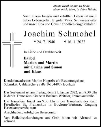 Traueranzeige von Joachim Schmohel von waz
