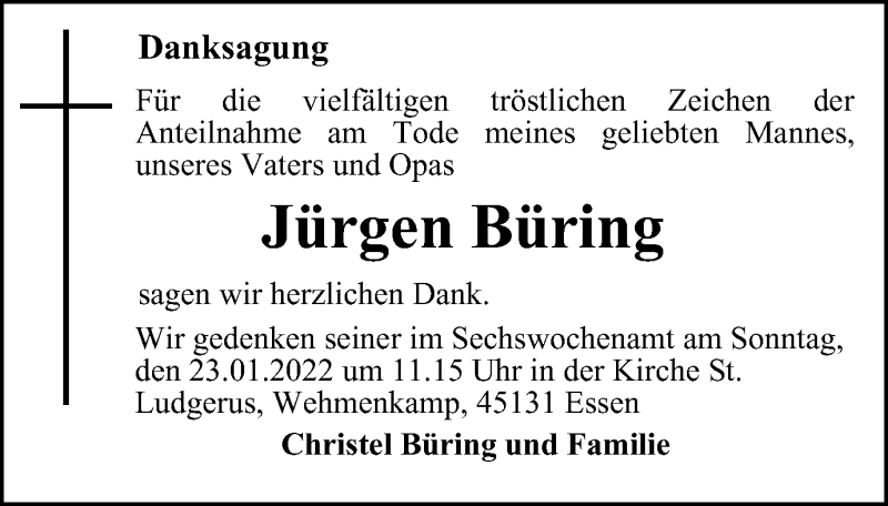  Traueranzeige für Jürgen Büring vom 15.01.2022 aus waz
