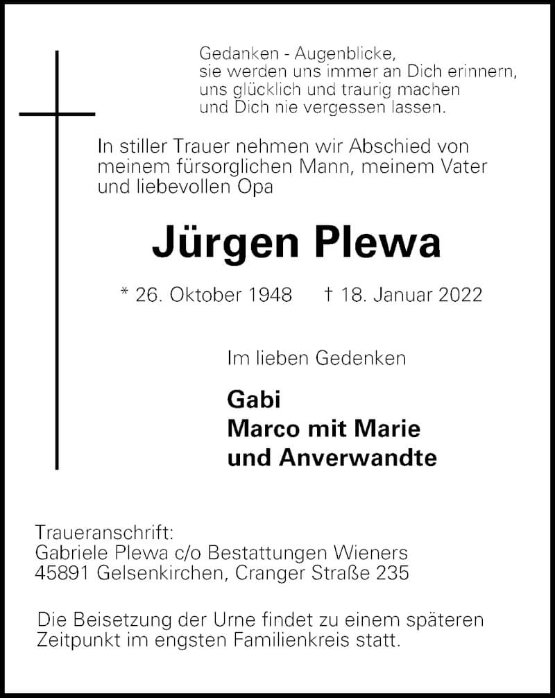  Traueranzeige für Jürgen Plewa vom 22.01.2022 aus Tageszeitung