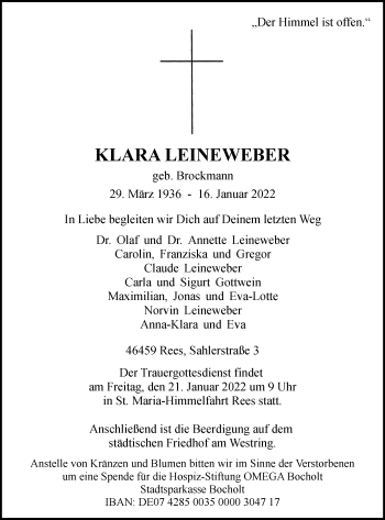 Traueranzeige von Klara Leineweber von waz