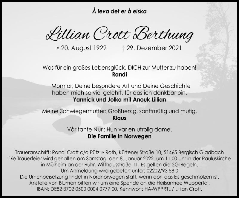  Traueranzeige für Lillian Crott Berthung vom 05.01.2022 aus Tageszeitung