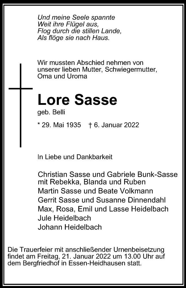  Traueranzeige für Lore Sasse vom 15.01.2022 aus waz