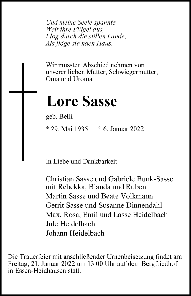  Traueranzeige für Lore Sasse vom 14.01.2022 aus waz