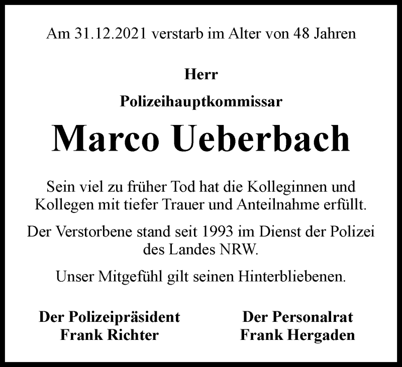  Traueranzeige für Marco Ueberbach vom 12.01.2022 aus Tageszeitung