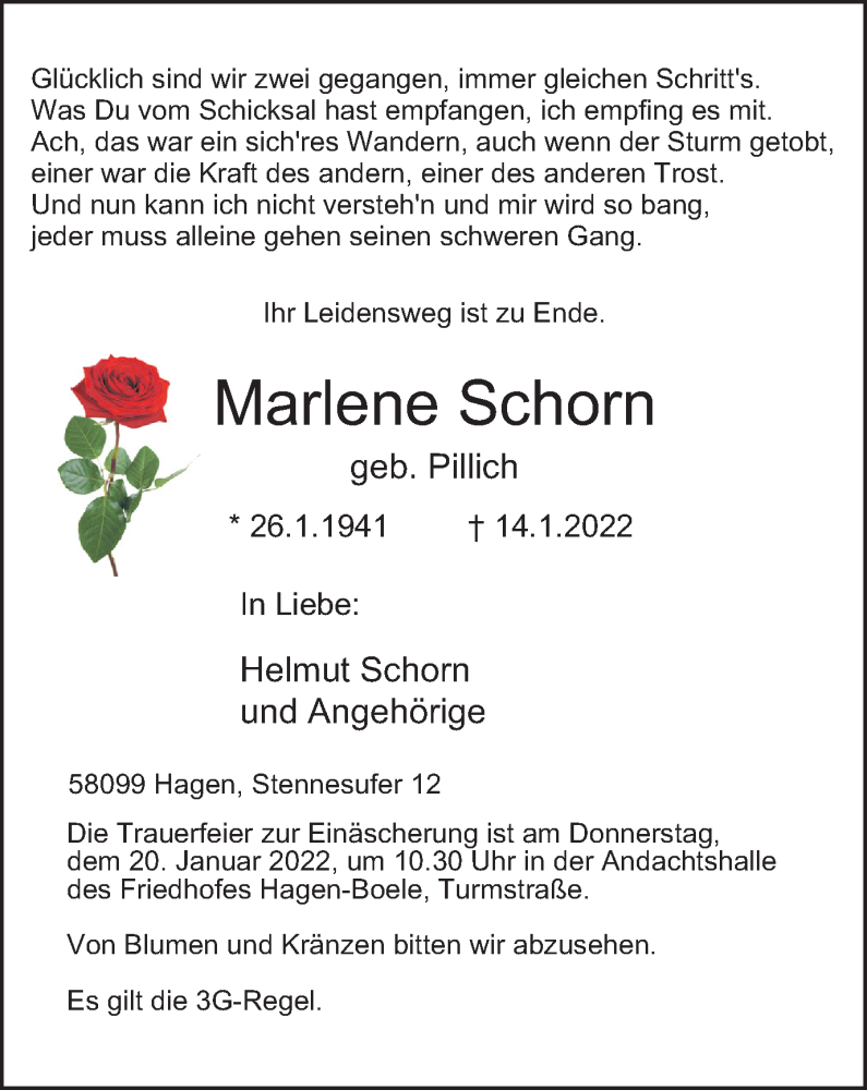  Traueranzeige für Marlene Schorn vom 15.01.2022 aus waz