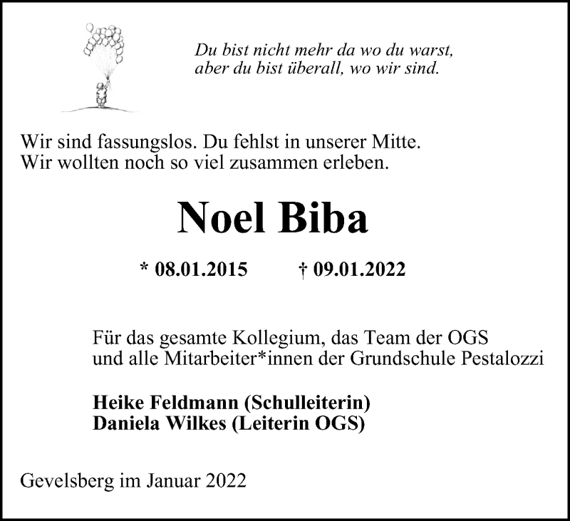  Traueranzeige für Noel Biba vom 15.01.2022 aus waz
