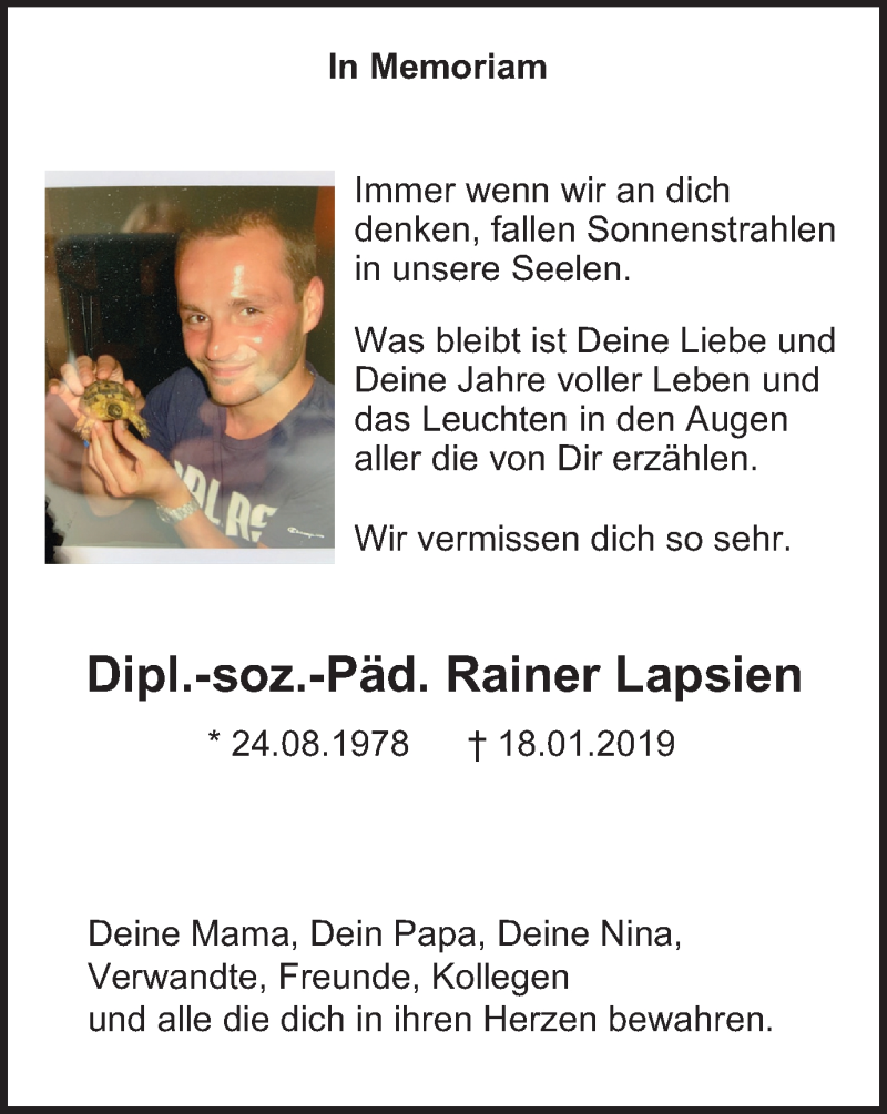 Traueranzeige für Rainer Lapsien vom 29.01.2022 aus Tageszeitung