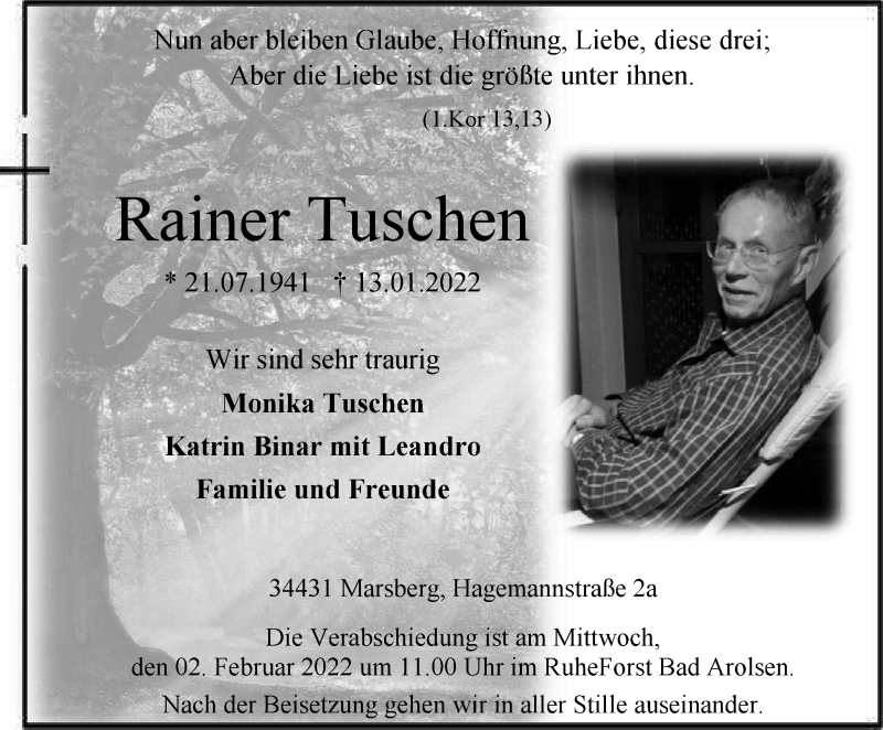  Traueranzeige für Rainer Tuschen vom 15.01.2022 aus waz