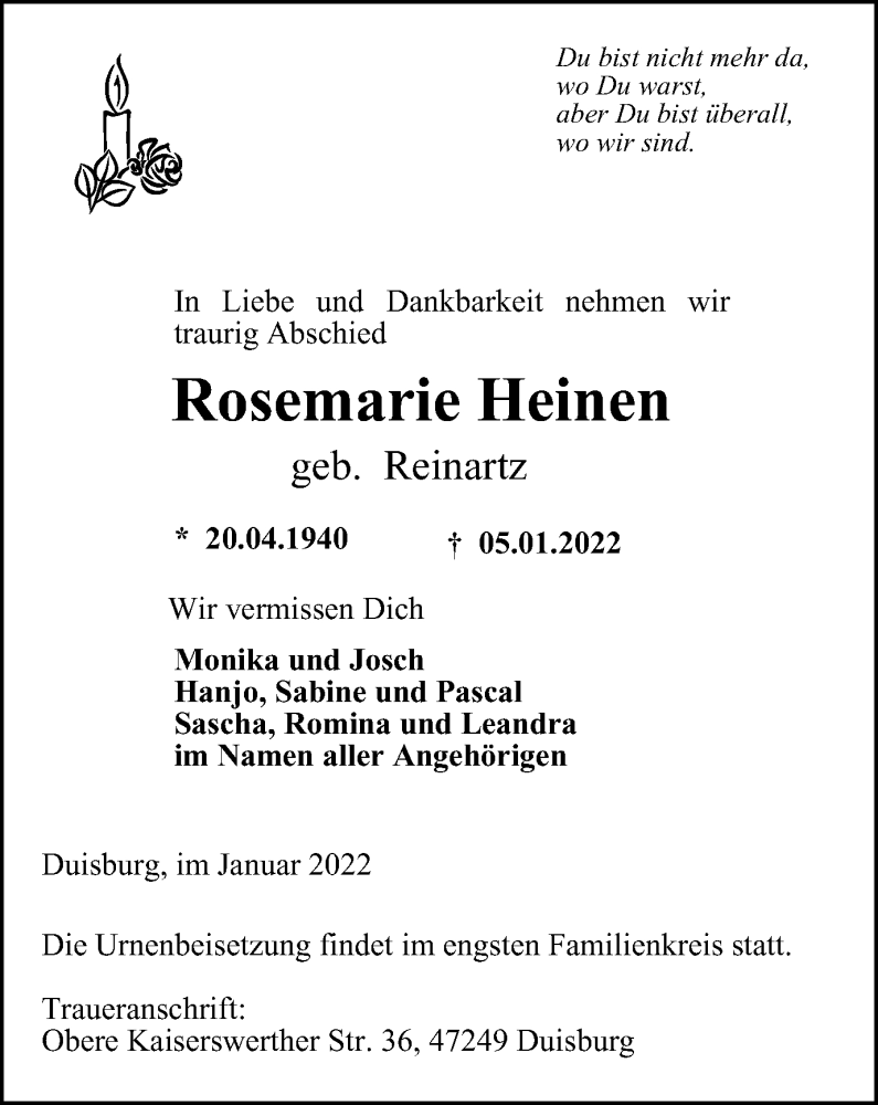  Traueranzeige für Rosemarie Heinen vom 15.01.2022 aus waz