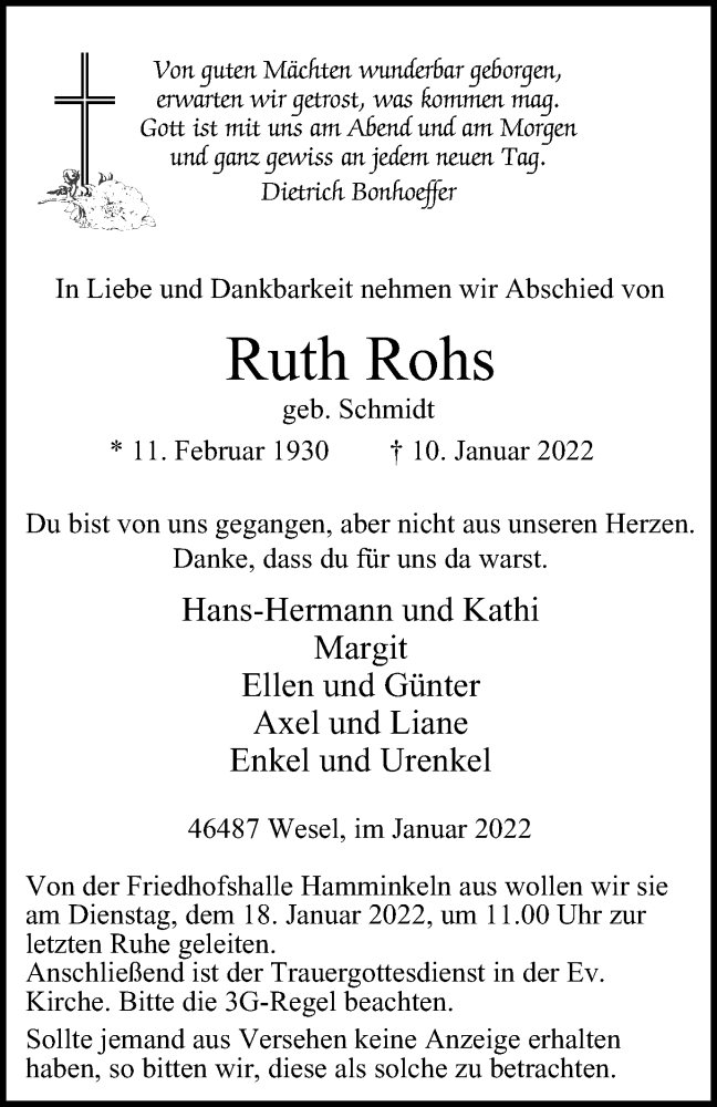  Traueranzeige für Ruth Rohs vom 13.01.2022 aus waz