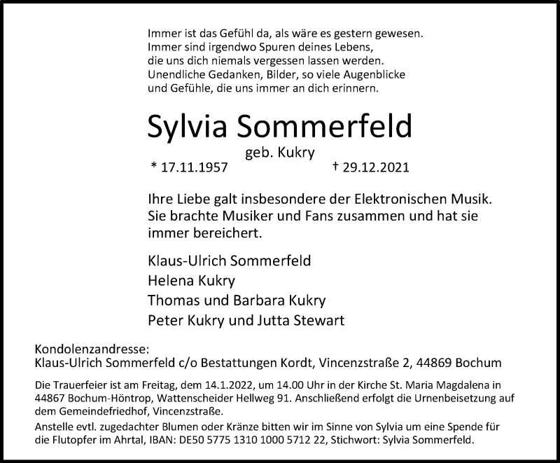  Traueranzeige für Sylvia Sommerfeld vom 08.01.2022 aus waz