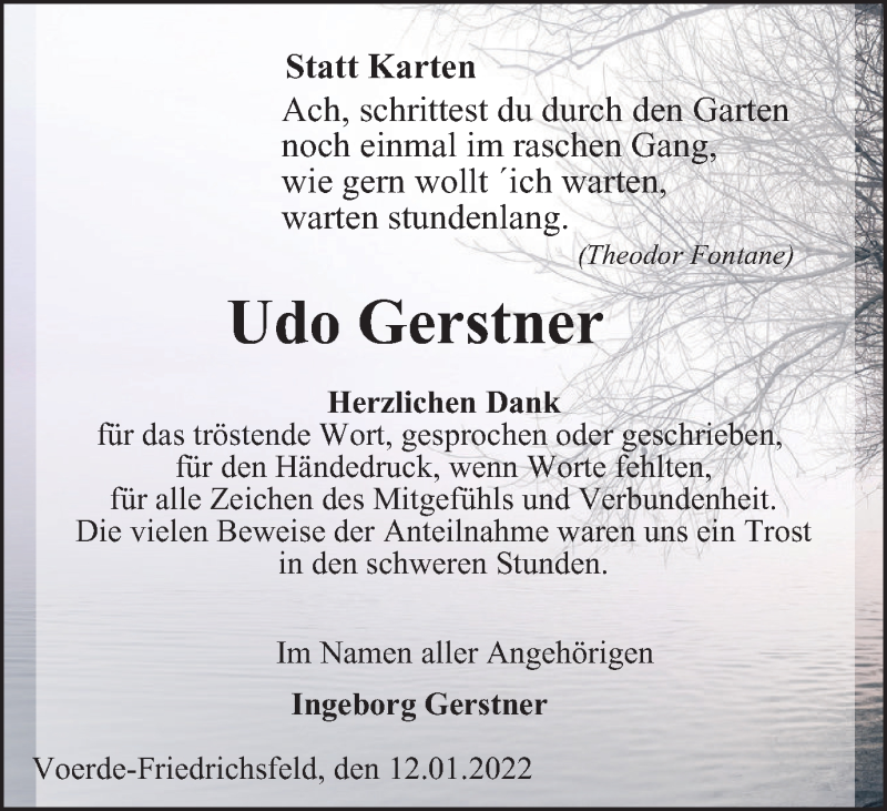  Traueranzeige für Udo Gerstner vom 14.01.2022 aus waz