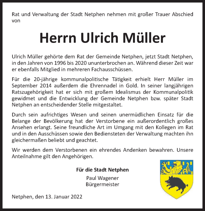  Traueranzeige für Ulrich Müller vom 14.01.2022 aus waz