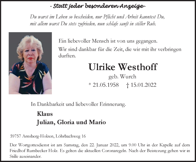  Traueranzeige für Ulrike Westhoff vom 19.01.2022 aus Tageszeitung