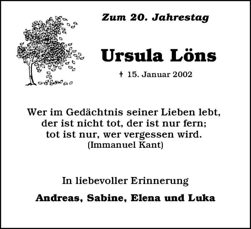  Traueranzeige für Ursula Löns vom 15.01.2022 aus waz