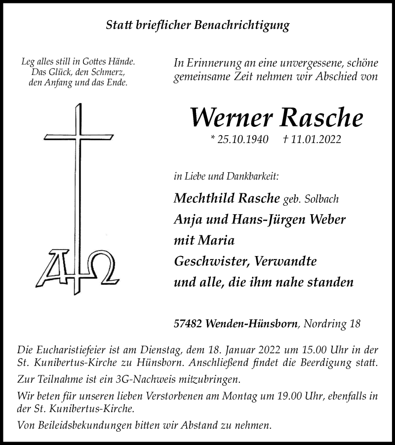  Traueranzeige für Werner Rasche vom 14.01.2022 aus waz