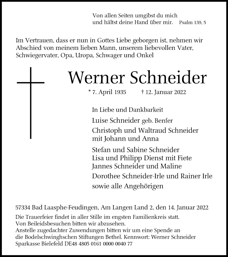  Traueranzeige für Werner Schneider vom 14.01.2022 aus waz