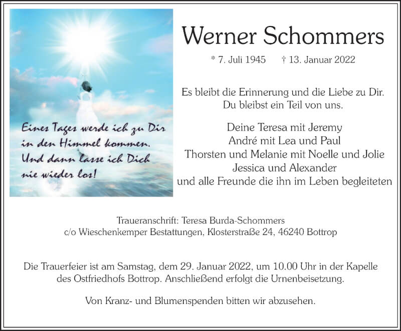  Traueranzeige für Werner Schommers vom 22.01.2022 aus Tageszeitung