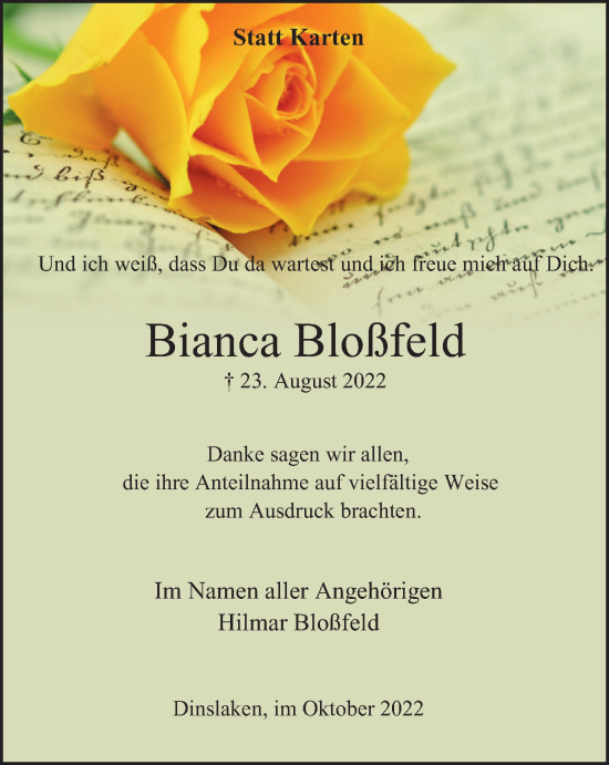 Traueranzeige von Bianca Bloßfeld von waz