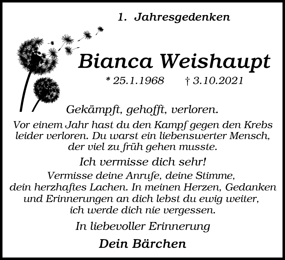 Traueranzeige für Bianca Weishaupt vom 04.10.2022 aus Westdeutsche Allgemeine Zeitung