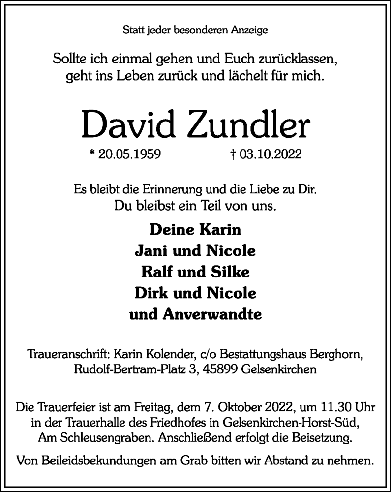  Traueranzeige für David Zundler vom 05.10.2022 aus waz