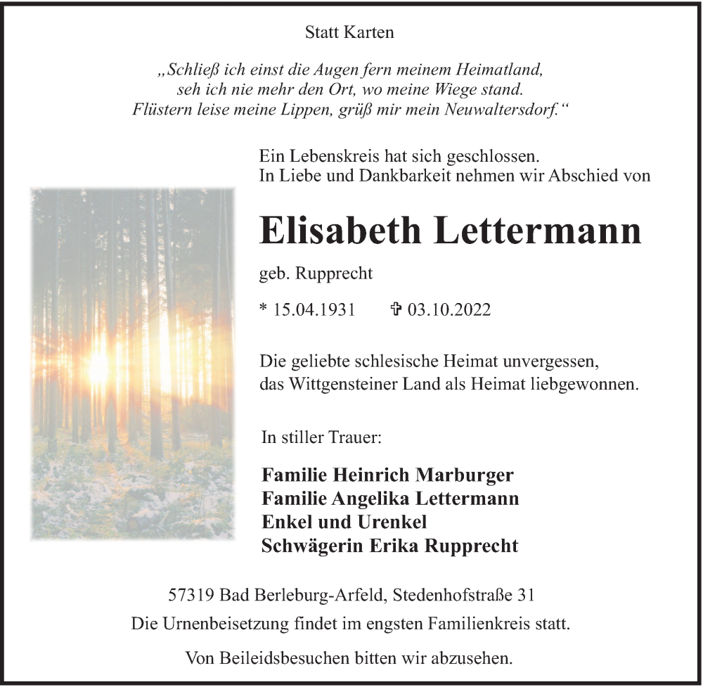  Traueranzeige für Elisabeth Lettermann vom 05.10.2022 aus waz