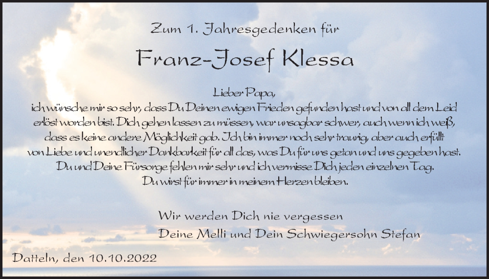  Traueranzeige für Franz-Josef Klessa vom 10.10.2022 aus Tageszeitung