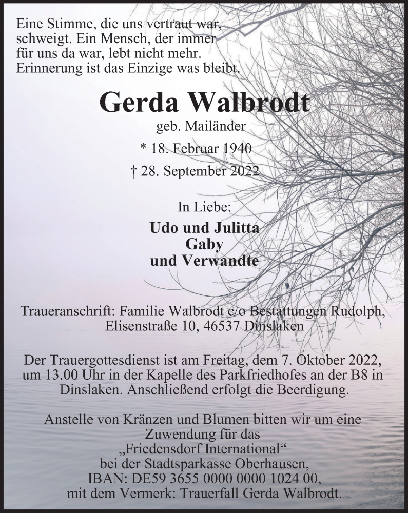  Traueranzeige für Gerda Walbrodt vom 05.10.2022 aus Tageszeitung