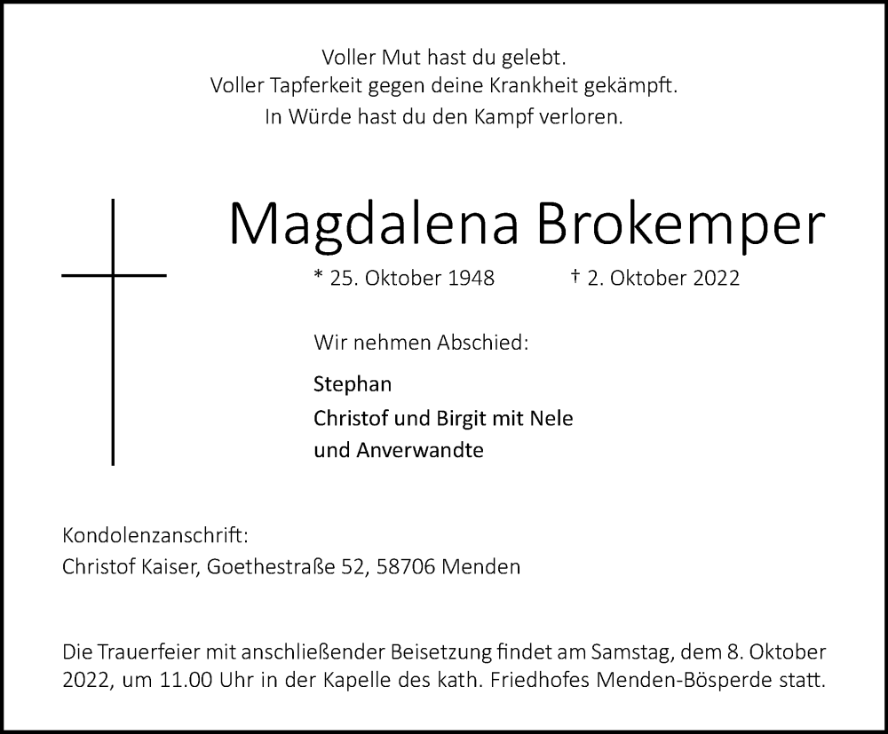 Traueranzeige für Magdalena Brokemper vom 05.10.2022 aus waz