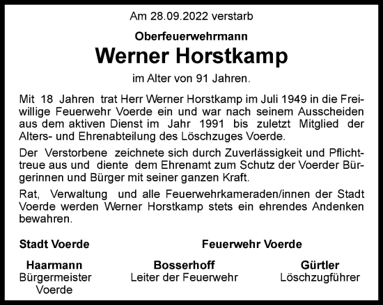 Traueranzeige von Werner Horstkamp von waz