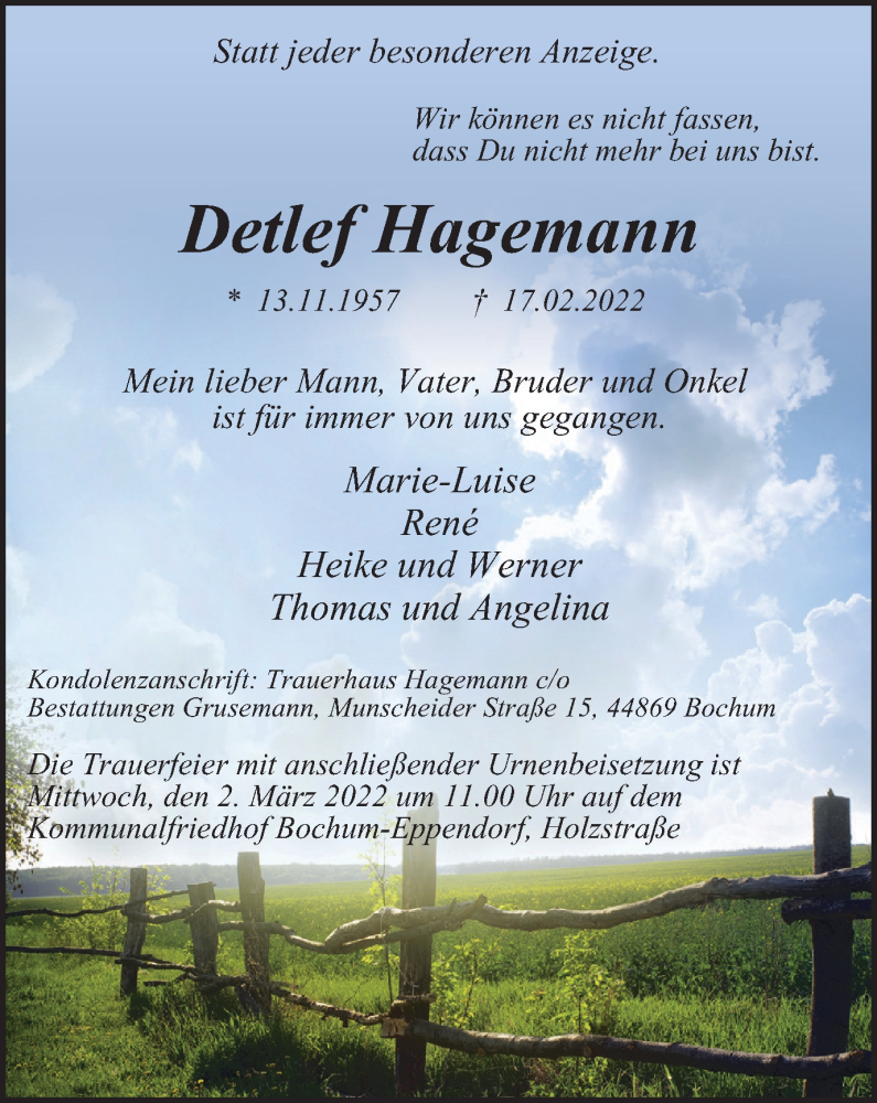  Traueranzeige für Detlef Hagemann vom 26.02.2022 aus Tageszeitung