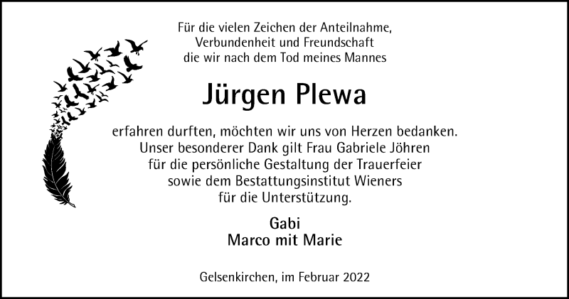  Traueranzeige für Jürgen Plewa vom 26.02.2022 aus Tageszeitung