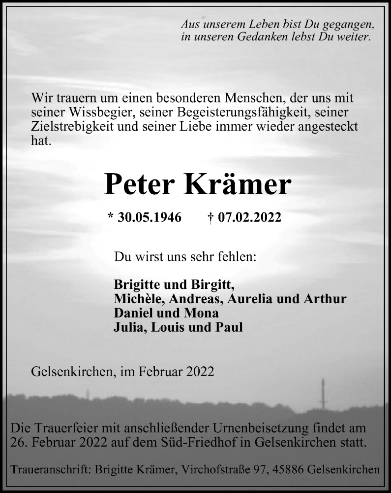  Traueranzeige für Peter Krämer vom 23.02.2022 aus waz