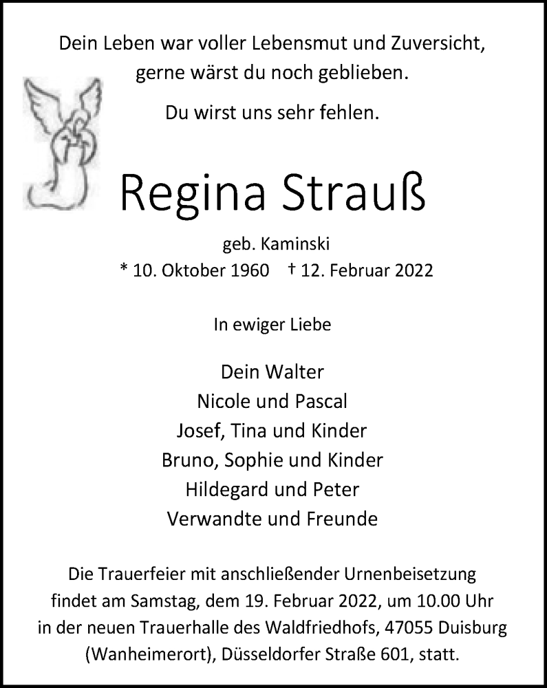  Traueranzeige für Regina Strauß vom 16.02.2022 aus Tageszeitung