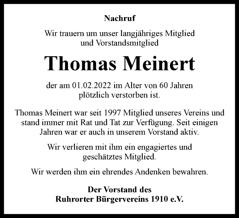  Traueranzeige für Thomas Meinert vom 19.02.2022 aus Tageszeitung