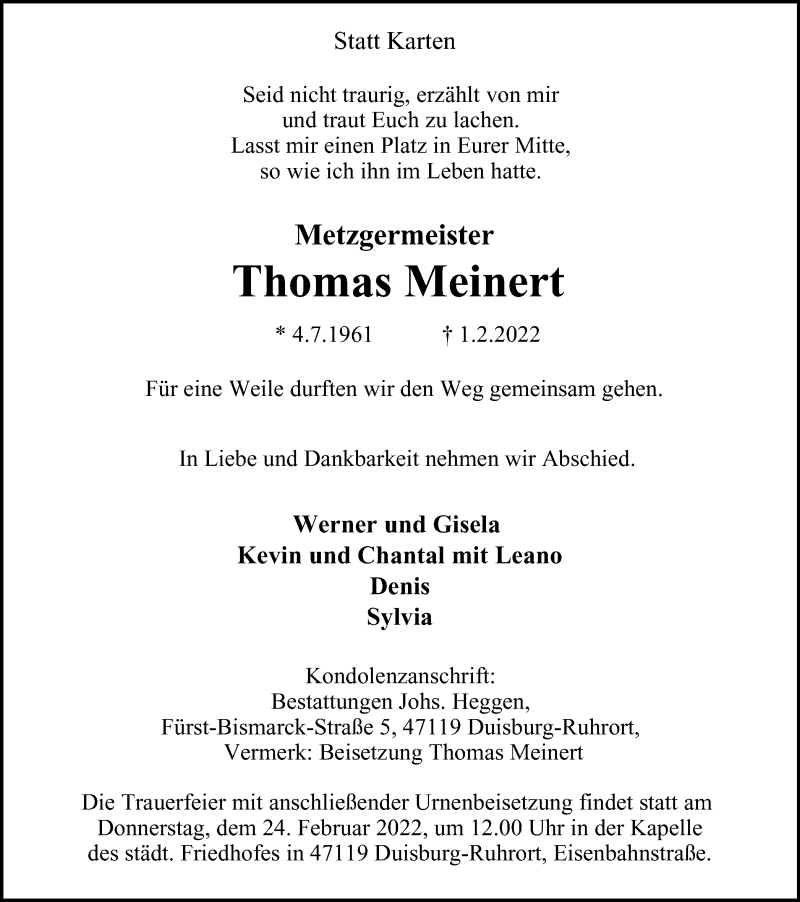  Traueranzeige für Thomas Meinert vom 18.02.2022 aus Tageszeitung