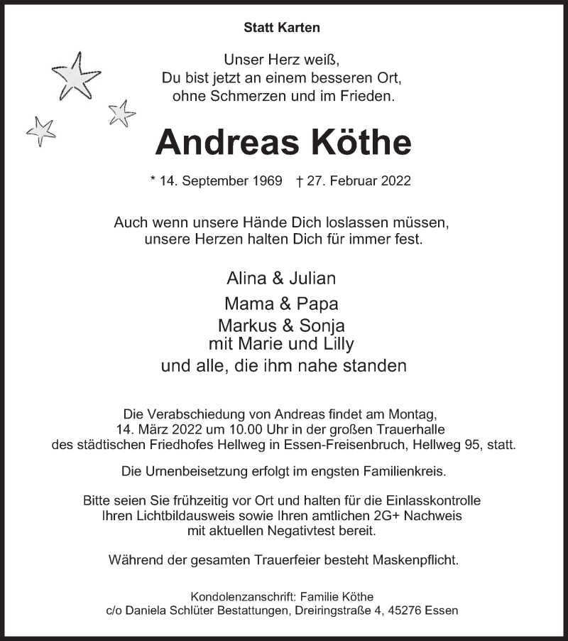  Traueranzeige für Andreas Köthe vom 09.03.2022 aus Tageszeitung