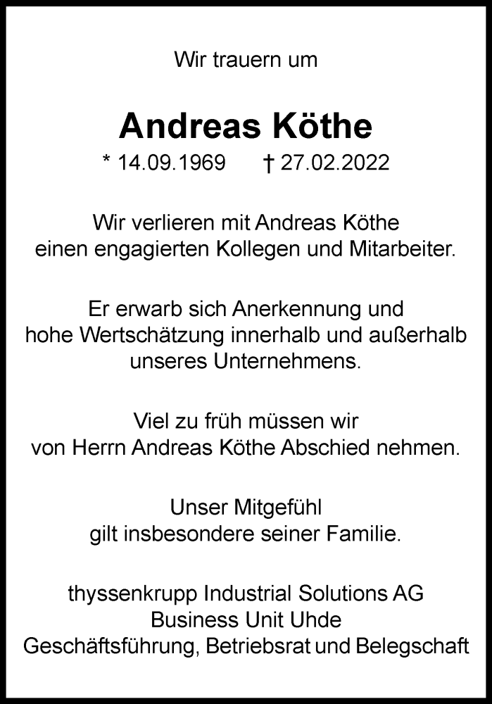  Traueranzeige für Andreas Köthe vom 12.03.2022 aus Tageszeitung
