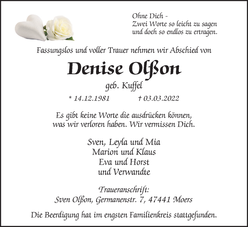  Traueranzeige für Denise Olßon vom 26.03.2022 aus Tageszeitung