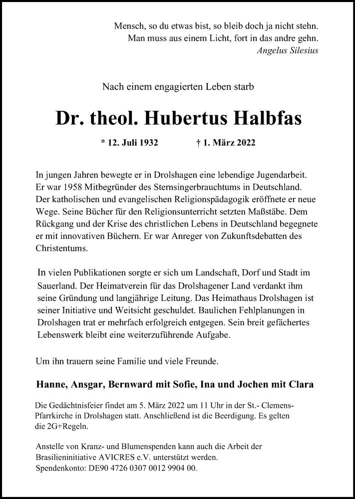  Traueranzeige für Hubertus Halbfas vom 03.03.2022 aus Tageszeitung