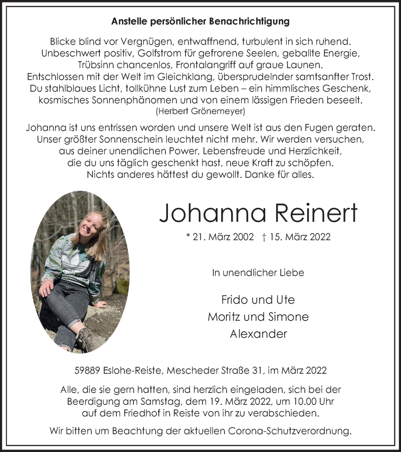  Traueranzeige für Johanna Reinert vom 18.03.2022 aus Tageszeitung
