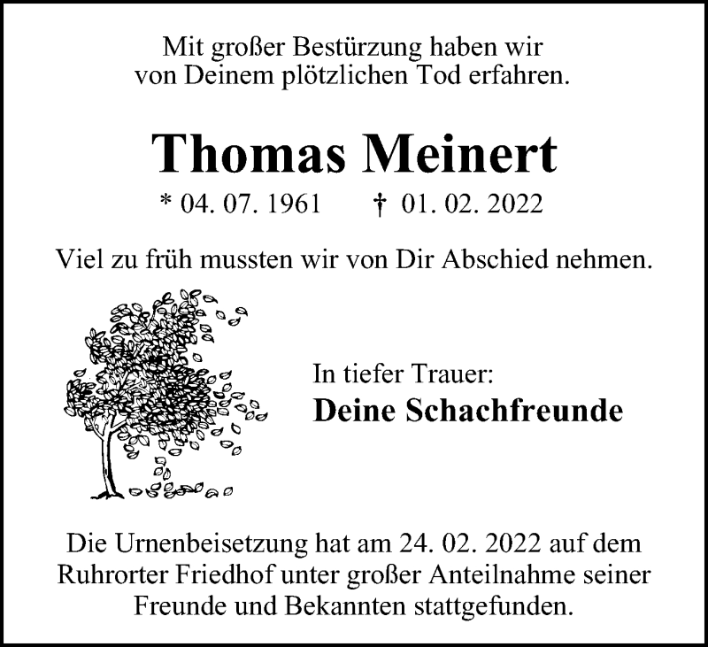  Traueranzeige für Thomas Meinert vom 05.03.2022 aus Tageszeitung