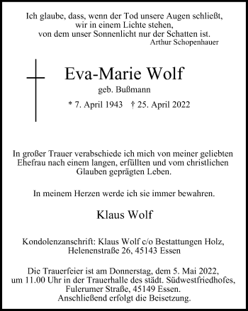Traueranzeige von Eva-Marie Wolf von Tageszeitung
