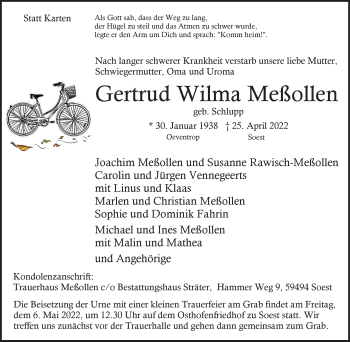 Traueranzeige von Gertrud Wilma Meßollen von Tageszeitung