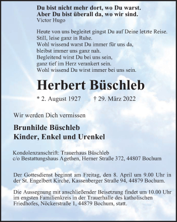 Traueranzeige von Herbert Büschleb von Tageszeitung