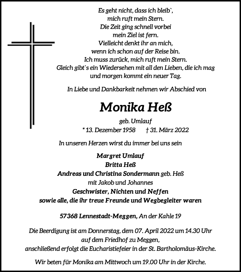  Traueranzeige für Monika Heß vom 04.04.2022 aus waz