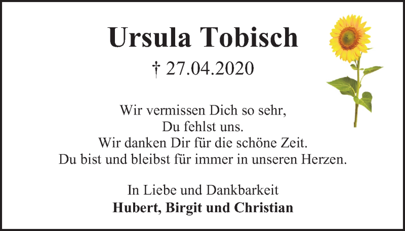  Traueranzeige für Ursula Tobisch vom 27.04.2022 aus Tageszeitung