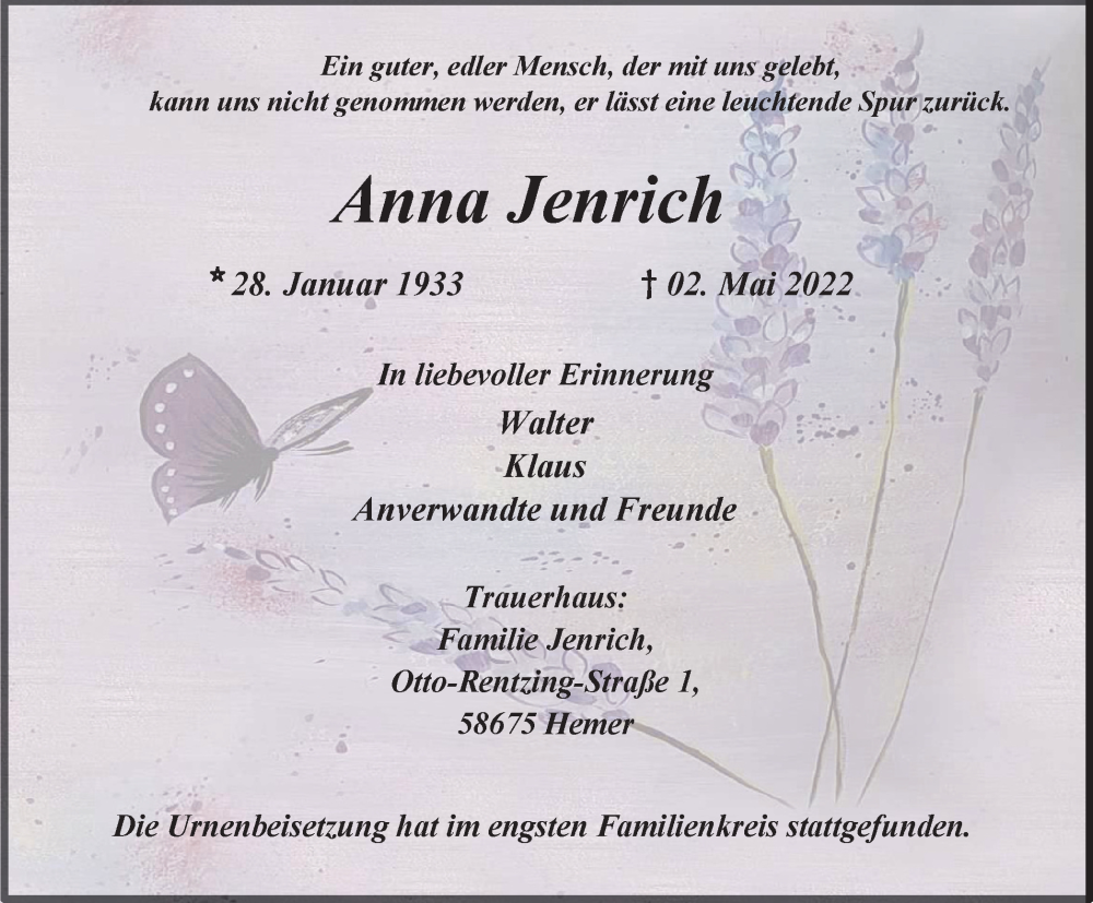  Traueranzeige für Anna Jenrich vom 13.05.2022 aus waz