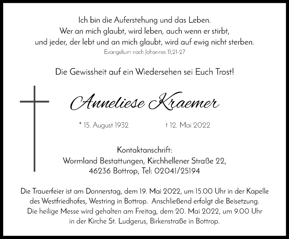  Traueranzeige für Anneliese Kraemer vom 14.05.2022 aus waz