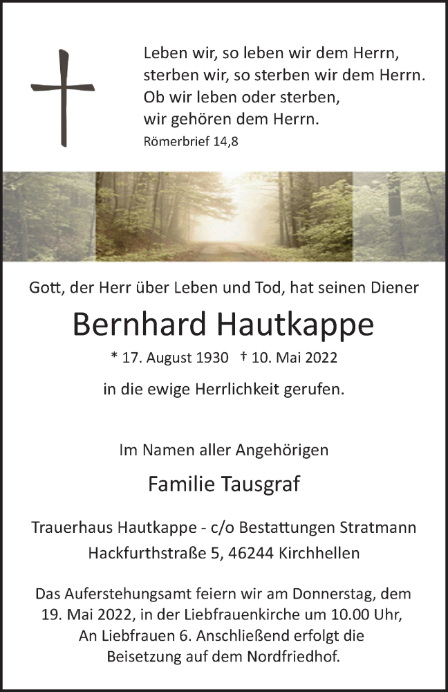  Traueranzeige für Bernhard Hautkappe vom 14.05.2022 aus waz